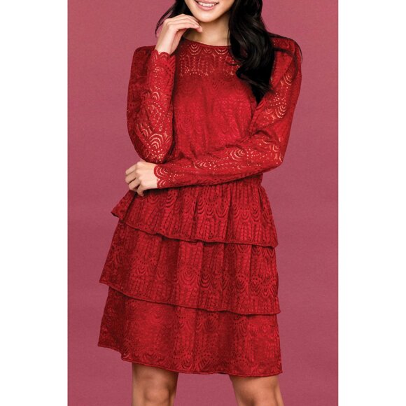 NWT Womens Size XXS Gibson Look Ruby Red Scallop Lace Tiered Mini Dress NEW - Picture 5 of 5